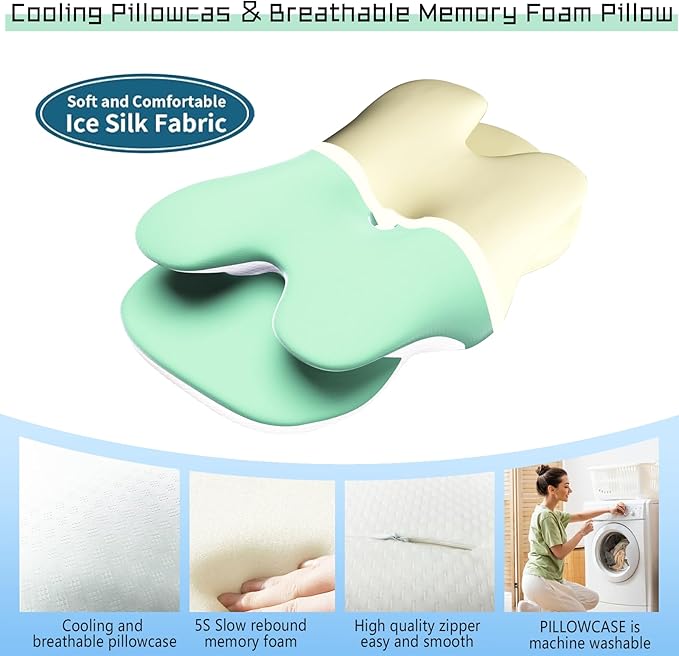 Cervical Neck Pillow for Pain Relief - Contour Memory Foam Pillows with Cooling Pillowcase, Neck Support Pillows for Sleeping, Ergonomic Orthopedic Pillow for Side, Back, Stomach Sleepers (Green)