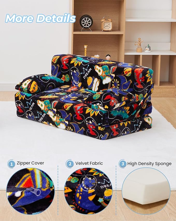 Weighted Idea 2-in-1 Kids Sofa Couch Fold Out for Girls and Boys, Folding Toddler Chairs Comfy Children Couch Baby Recliner, Convertible Sofa to Lounger(Blue Dinosaur, 30x18x16 inches)
