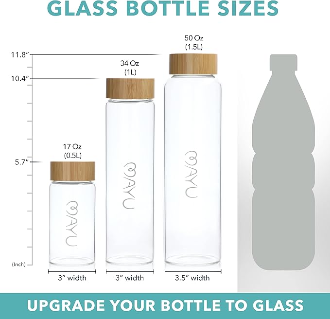 mayu Travel Water Bottle with Bamboo Lid - Eco Friendly & BPA Free Borosilicate Glass | Adult and Kids Bottles with Cap - Leak Free Design - Non-Toxic Reusable Bottle for Everyday Use | 0.5L, 17OZ