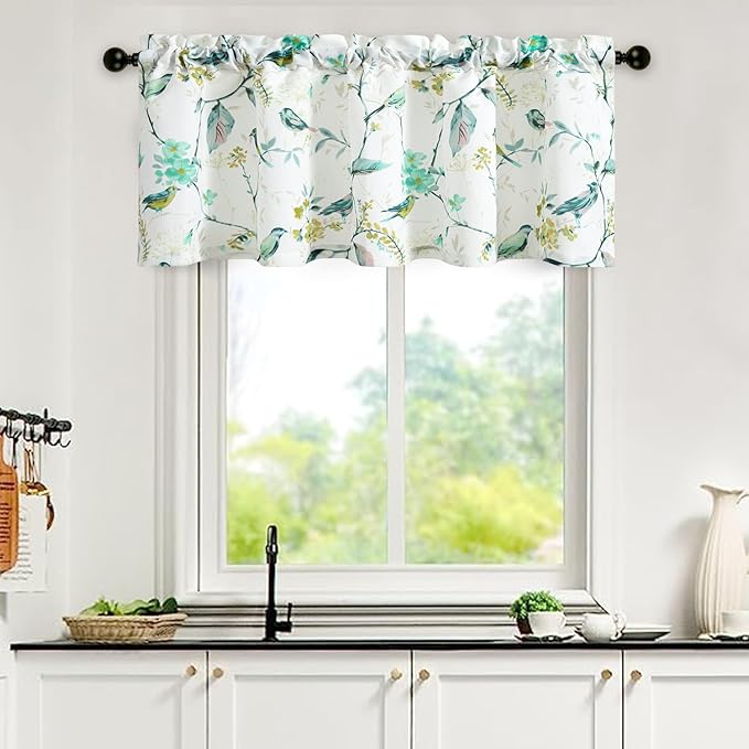 Leeva Birds Vines Printed Curtains Valance for Kitchen Bath Laundry Bedroom Living Room, Rod Pocket Semi-Blackout Valances for Windows, 52 x 18 Inch, Green Birds, One Panel