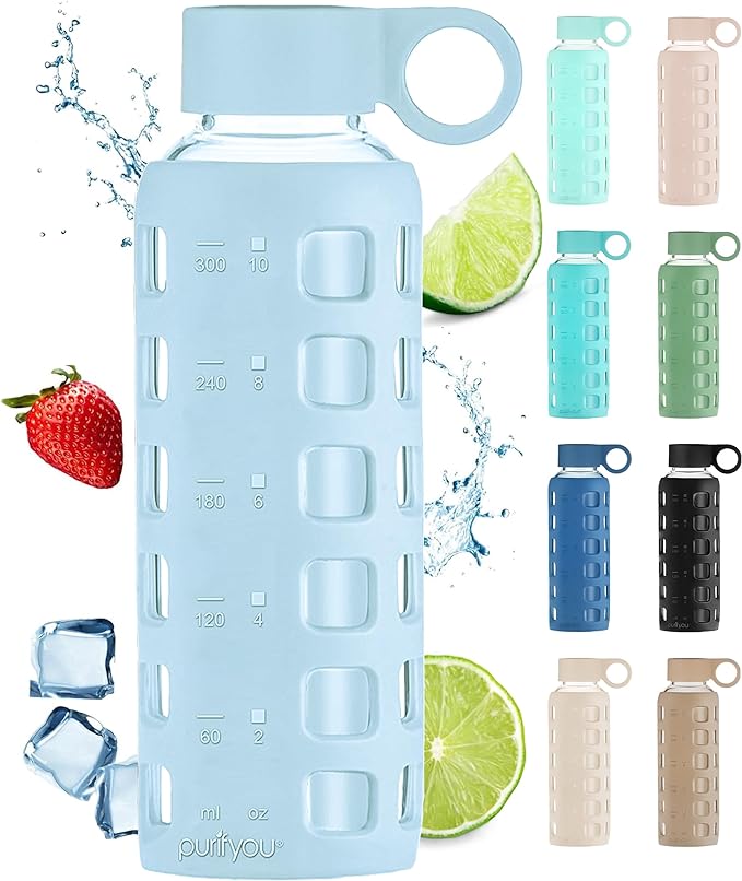 purifyou Premium 40/32 / 22/12 oz Glass Water Bottles with Volume & Times to Drink, Silicone Sleeve & Stainless Steel Lid Insert, Reusable Bottle for Fridge Water, Milk, Juice (12oz Ice Blue)