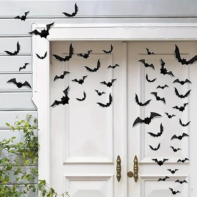 Halloween Wall Stickers 28Pcs Bat Wall Decor 3D Self Adhesive Halloween Wall Decals Horror Black Bats Wall Decorations Reusable Window Stickers for Halloween Party Home Room Art DIY Accessories