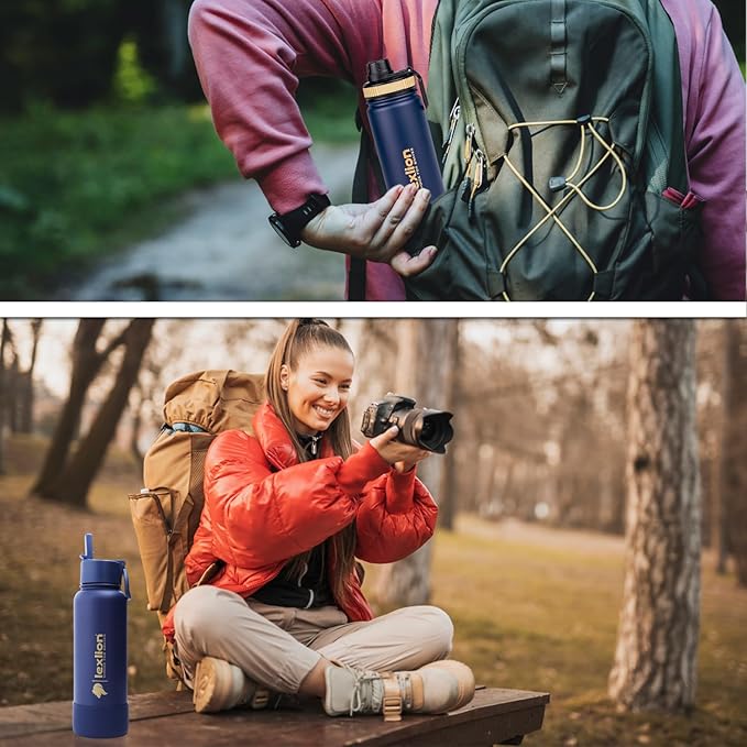 Water Bottle 22oz, Triple Walled Insulated Stainless Steel Reusable Bottle, Silicone Sleeve, Cleaning Brush, 2 Lids (Spout lid & Straw lid w/2 straw), Metal Mug Gallon, BPA Free, Twilight Blue