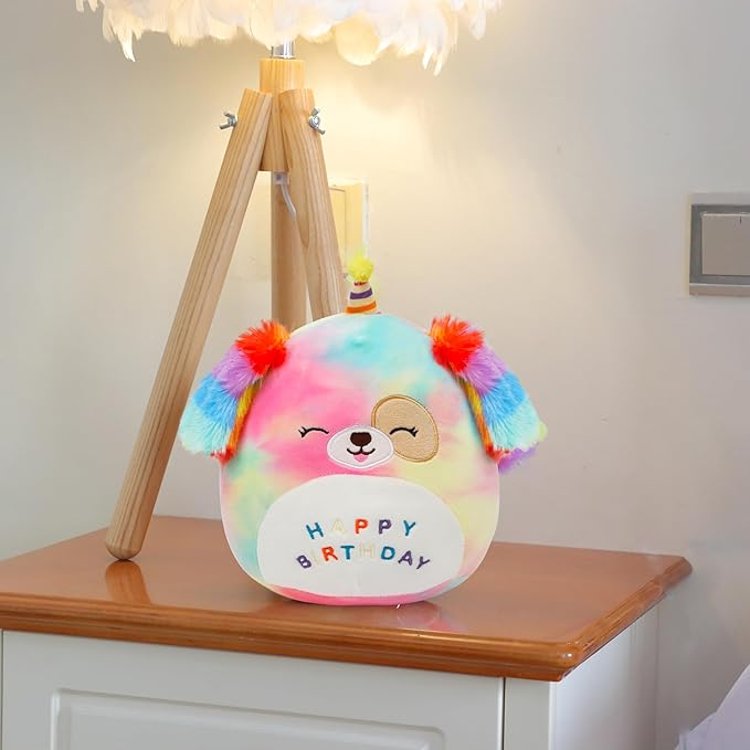 Easfan 8’’ Rainbow Birthday Dog Plush Pillow Soft Puppy Plush Toy Cute Dog Stuffed Animal Birthday Gifts for Kids Toddlers