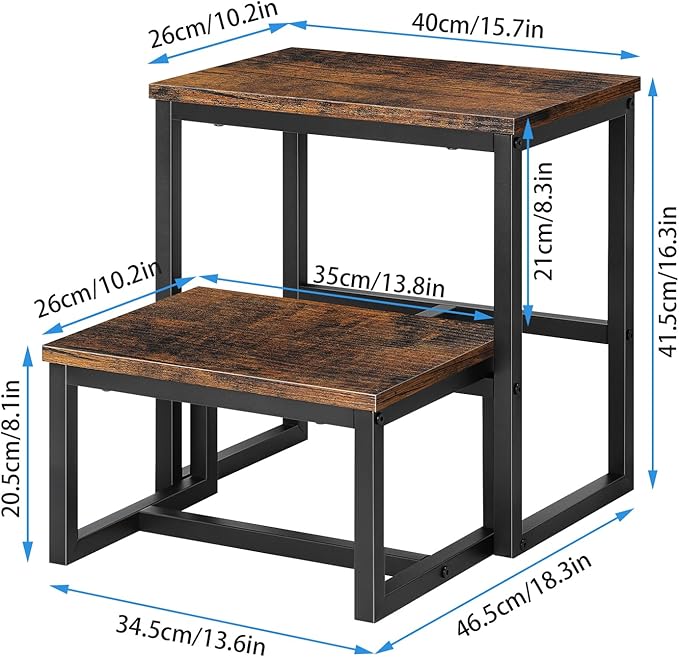 LIANTRAL Step Stools for Adults Kids, 3 in1 Heavy Duty Sturdy Two Step Stool, Supports Up to 500lb, Wooden Board Metal Frame, Foot Stool for High Bed Kitchen Bathroom - Rustic Brown