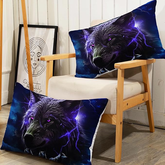 AILONEN Wolf Fitted Sheet Set Queen Size, Black Wolf Lightning Howling Wolf Bed Sheet Set for Boys,Wildlife Soft 3D Printed Fitted Sheet with 2 Pillowcases,3 Pieces