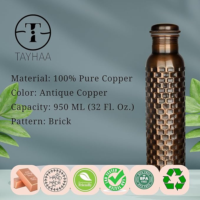 Pure Copper Metal Water Bottle - Indian Handmade Ayurveda Healing Benefit Water Bottle for Drinking, Travel, Hiking, Gym, Office, Outdoor - Antique Finish - 950 ML
