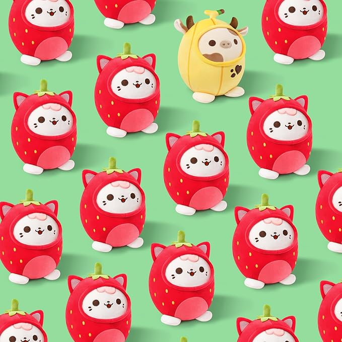 PEACH CAT Strawberry Cat Plush Pillow Cute Strawberry Kitten Stuffed Animal Cat plushie with Strawberry Outerwear for Kids Red 12"