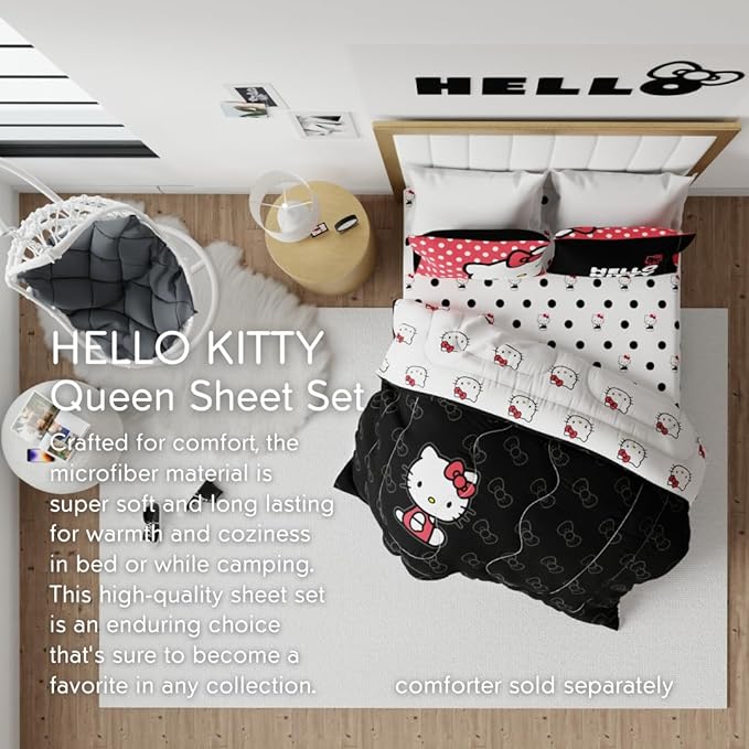 Franco Collectibles Hello Kitty Polka Dot Bedding Super Soft Microfiber 4 Piece Queen Sheet Set, (Officially Licensed Product)