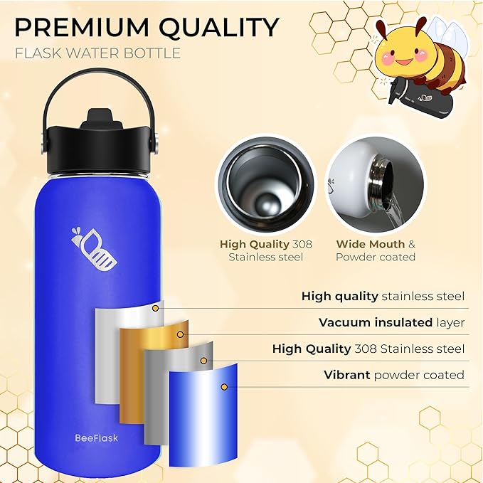 Sports Water Bottle - 32 Oz, 3 Lids (With straw), 50 Cute Stickers, Vacuum Insulated, 308 Stainless Steel, with a Portion of Sales Supporting Bee Conservation Efforts (Blue)