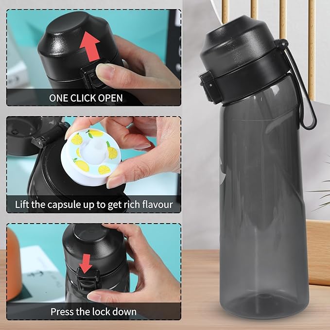 Air Water Bottle 8PCS Flavor Pods 22oz Fruit Fragrance Scented Water Cup BPA Free 0% Sugar For Outdoor Sports,Gifts From Friends, Birthday Gifts (1 bottle Black+7 pods in random flavors)