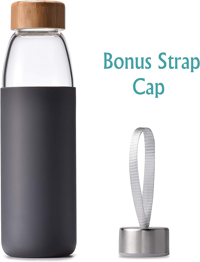 veegoal Glass Water Bottles 18 Oz Borosilicate with Bamboo Lid, BPA-FREE, Non-Slip Silicone Sleeve, and Stainless Steel Leak Proof Lid - Glass Water Bottle for Men and Women
