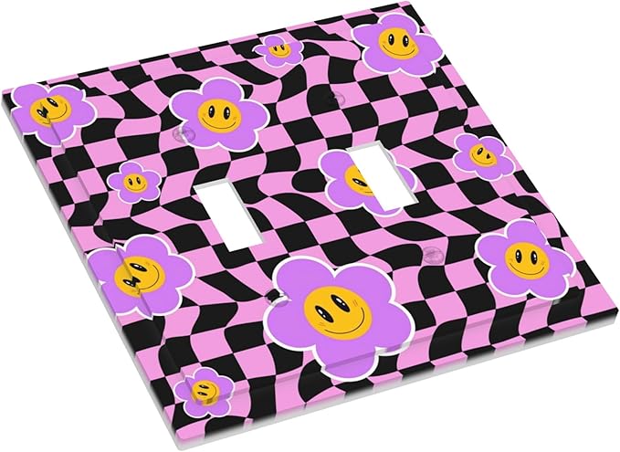Flowers with Checkered Double Toggle Light Switch Covers 2 Gang Wall Plate Dual Decorative Switchplate Electrical Faceplate for Bathroom Country Kitchen Bedroom Decor, 4.9" x 5"