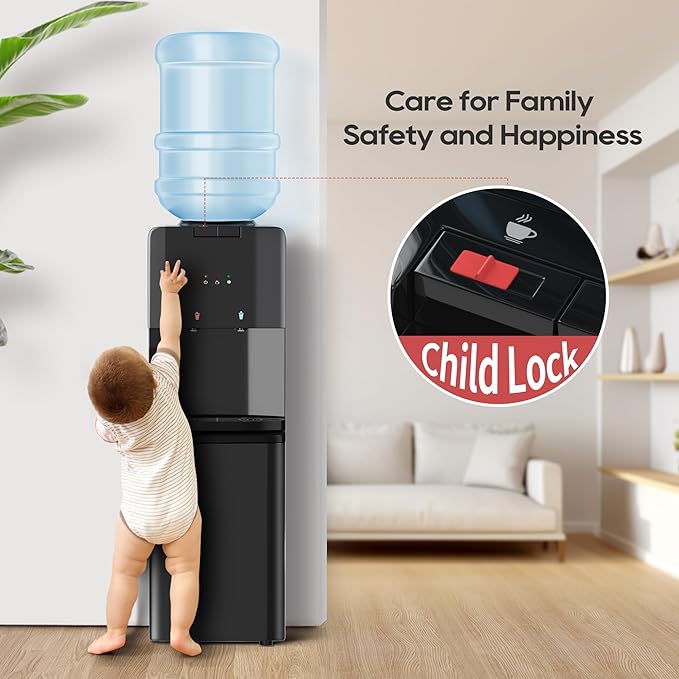 Hot & Cold Top Loading Water Dispenser, 3 5 Gallons Water Coolers with Removable Drip Tray & Storage Cabinet, 3 Temperatures, Home, Child Safety Lock, Office, Living Room.