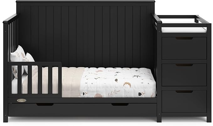Graco Hadley 5-in-1 Convertible Crib and Changer with Drawer (Black) – GREENGUARD Gold Certified, Crib and Changing Table Combo with Drawer, includes Baby Changing Pad, Converts to Full-Size Bed
