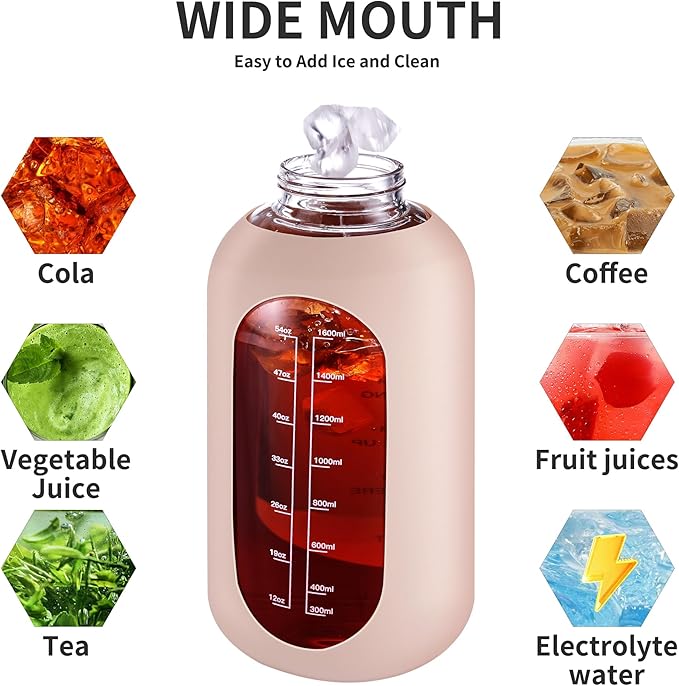 CIVAGO 64 oz Glass Water Bottle Jug with Straw and Handle, Half Gallon Sports Motivational Water Bottle with Time Marker and 2 Lids, Large Water Flask Canteen with Silicone Sleeve for Gym,Beige