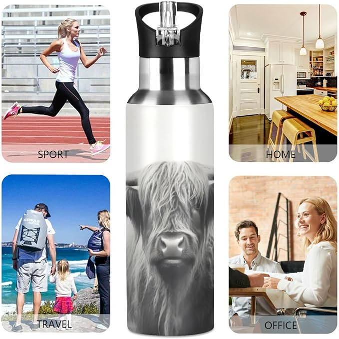 Funny Scottish Highland Cow Water Bottle - Reusable Water Bottle for Gym Bike Running Cycling 600 Milliliter 22 Ounce Stainless Steel Sports Water Bottle