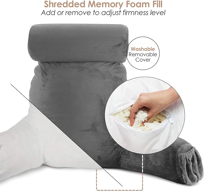 Nestl Reading Pillow Large Bed Pillow, Back Pillow for Sitting in Bed Shredded Memory Foam Chair Pillow, Reading & Bed Rest Pillows Grey Back Pillow for Bed, Bed Chair Arm Pillow with Pockets