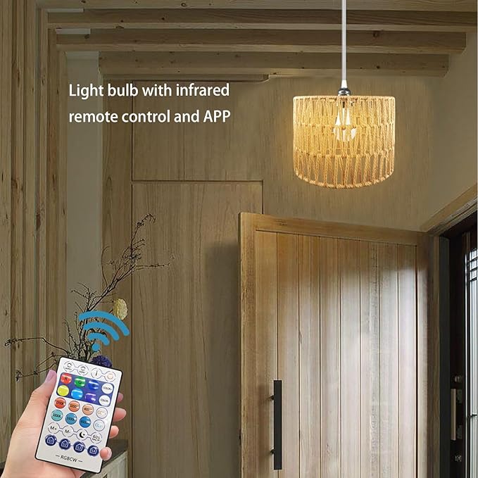 Hanging Lamp Plug in Rattan Hanging Lights with Plug in Cord, Woven Pendant Light with Smart RGB Bulb and Remote Control for Bedroom Living Room Farmhouse Kitchen (‎‎Rattan, Barrel Shade)