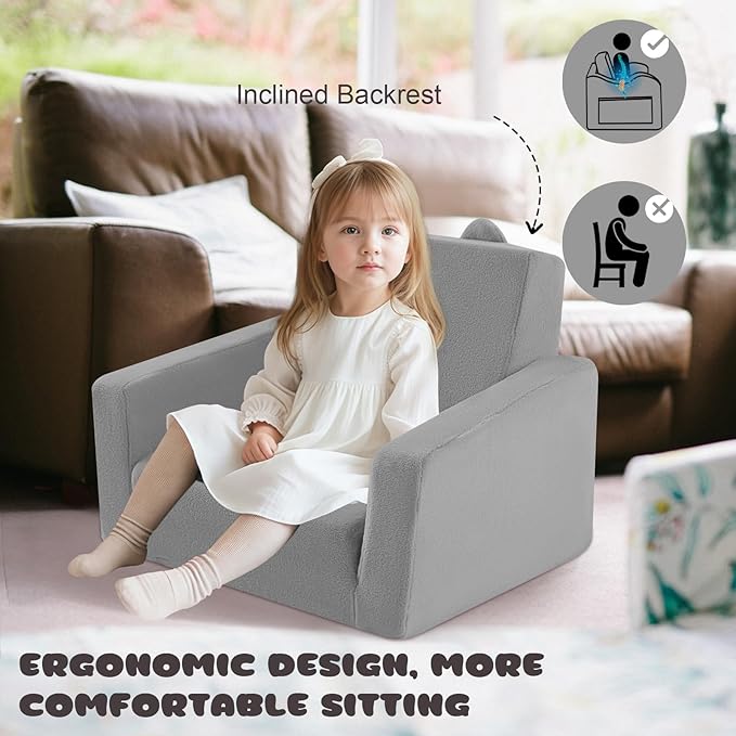 MeMoreCool Folding Toddler Chair, Cmofy Plush Fold Out Kids Couch Sofa, Convertible Kid Sofa Bed, Flip Out Baby Recliner for Toddlers 1-3 Girls Boys