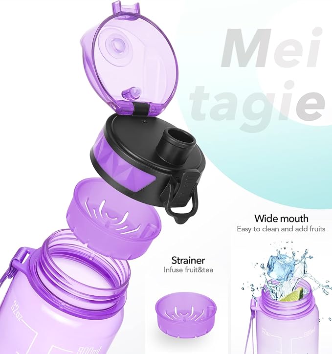 26oz Motivational Water Bottle with Time Marker & Fruit Strainer, Leak-proof BPA Free Non-Toxic Bottle with Carrying Strap, Perfect for Fitness, Gym and Outdoor Sports