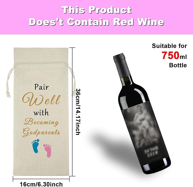Godparents Gift Mother's Day Gift Wine Bag Godmother Godfather Gift for Friends Pregnancy Announcement Gift Baptism Gift for Grandma Reusable Wine Wrap Bag Wine Gift Bag Birthday Christmas Gift