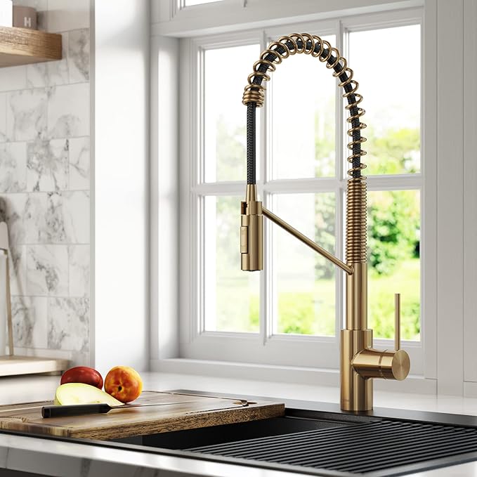 KRAUS Oletto Commercial Style Single Handle Pull Down Kitchen Faucet with QuickDock Top Mount Installation Assembly in Brushed Brass, KPF-2631BB