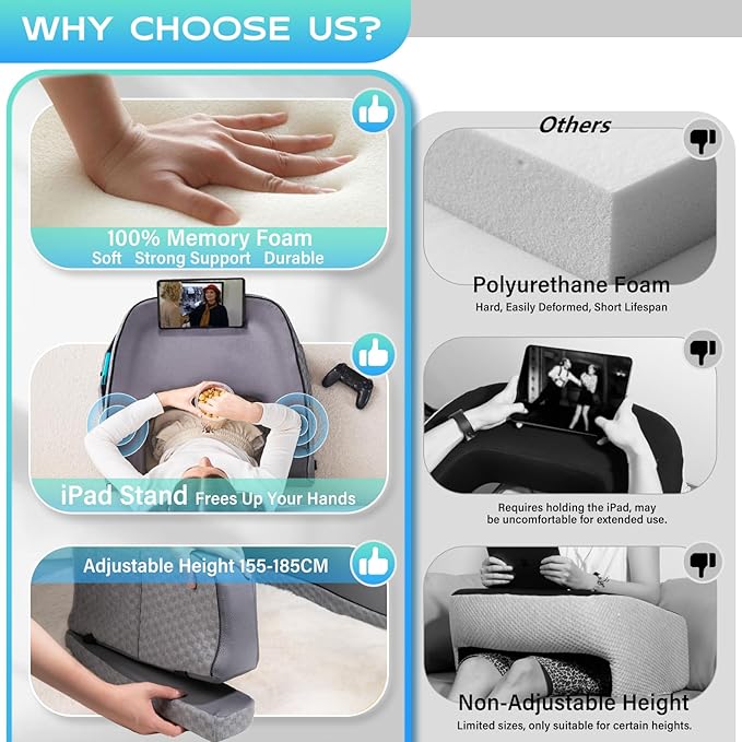 Reading Gaming Pillow for Lap Desk - Soft Arm Rest Pillow for Adult, Memory Foam Stand Pillow with Pocket for iPad, Laptop, Crochet, Sitting in Bed Couch Floor Sofa, Gamer Gift for Men Women