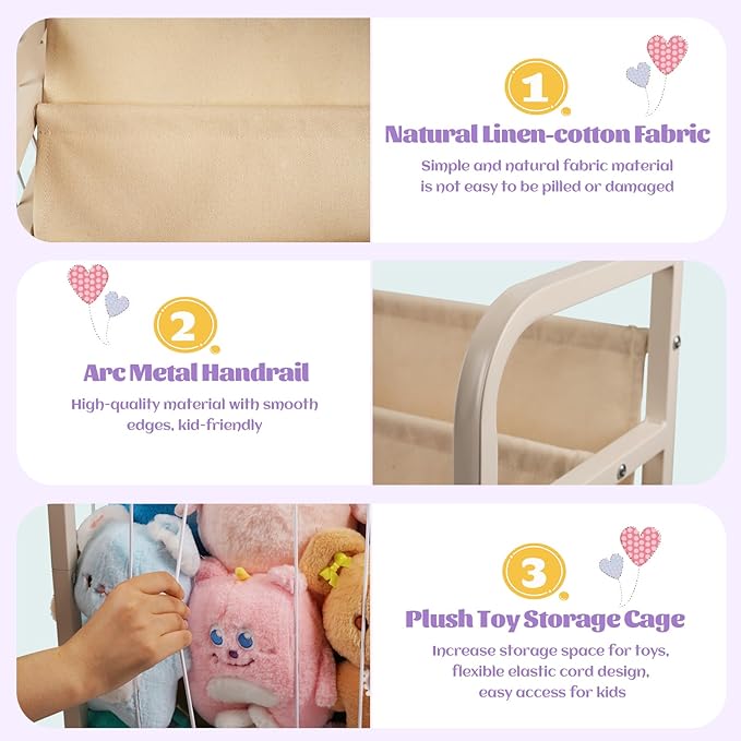 Trycooling Stuffed Animal Storage with Kids Bookshelf Book and Toy Organizer for Kids 3-Tier Bookshelf Organize Books with Elastic Cord Stuffed Animal Holder for Plushie Toys, for Kids Room, Playroom