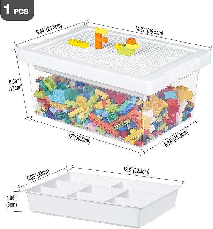 loobuu Plastic Storage Bins with Lids - 1 Set Stackable Arts Crafts Organizer Box with Removable Divided Tray &Compatible Building Baseplate,Toy Chest Containers for Bricks -White(14.37"x9.64"x6.69")