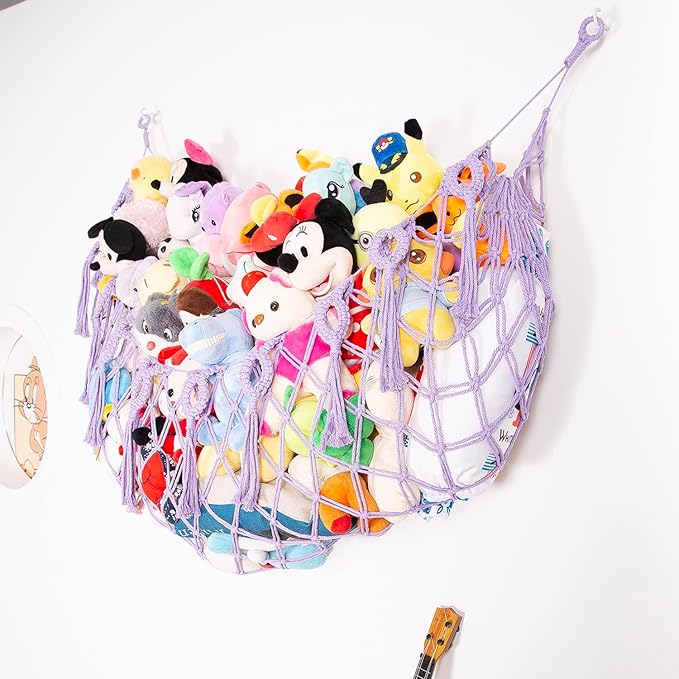 Stuffed Animal Net or Hammock Wall Hanging Net for Stuffed Animal Storage Macrame Toy Display Plush Toy Holder Soft Toy organizer for Nurery Baby Bedroom Playroom-Purple