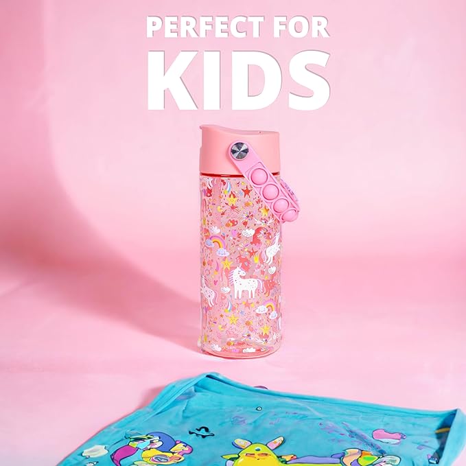 Elemental Leak Proof Water Bottles for Kids - Splash Kids Water Bottle for School with Fun Fidget Pop-it Handle - Tritan Plastic Water Bottle with Straw - Pink Unicorn & Robins Egg - 18oz (2 Pack)