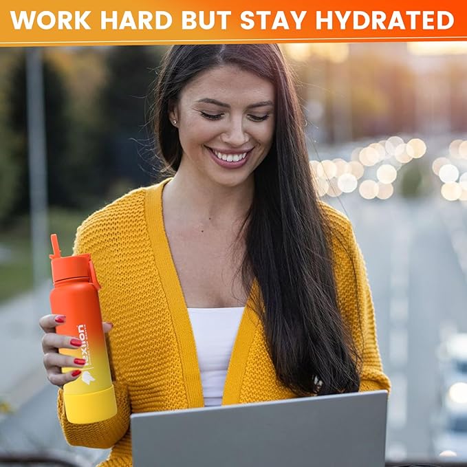 Water Bottle 22oz, Triple Walled Insulated Stainless Steel Reusable Bottle, Silicone Sleeve, Cleaning Brush, 2 Lids (Spout lid & Straw lid w/2 straw), Metal Mug Gallon, BPA Free, Sunset