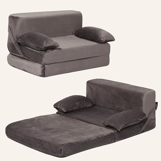 Weighted Idea 2-in-1 Kids Sofa Couch Fold Out for Girls and Boys, Folding Toddler Chairs Comfy Children Couch Baby Recliner, Convertible Sofa to Lounger for Reading Sleeping (Grey, 23.5x18x16 inches)