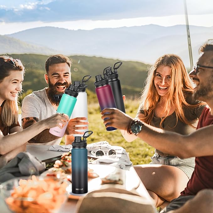 Insulated Water Bottle 24oz Stainless Steel Water Bottles with Straw&3 Lids Sports Metal Water Bottle Thermos Cup Double Walled Vacuum Insulated Bottles Leak-Proof Travel(White)