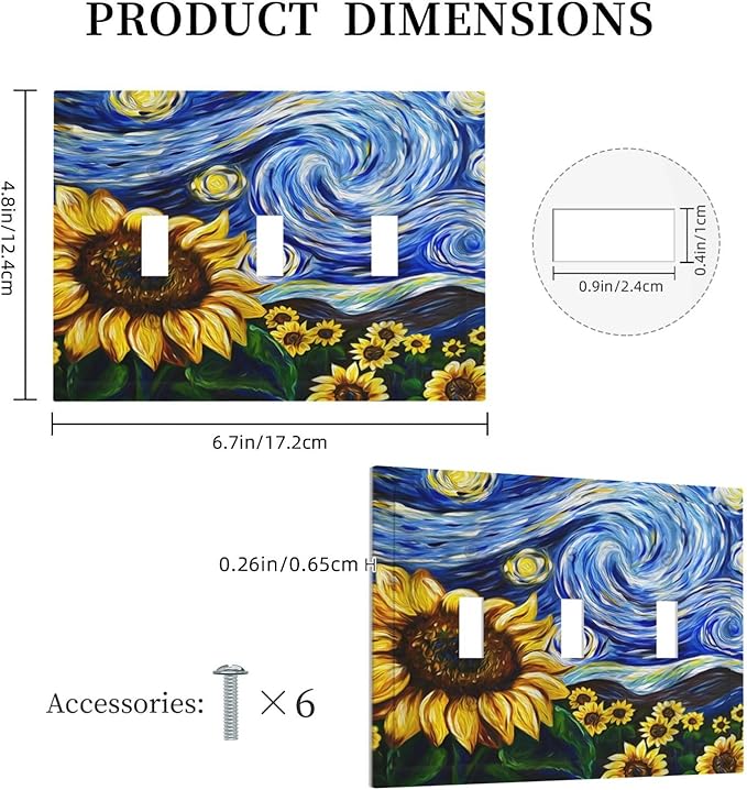 Vintage Abstract Blue Starry Sunflower 3 Gang Light Switch Covers Triple Toggle Wall Plate Decorative Switchplate Electrical Faceplate for Farmhouse Country Bedroom Decor