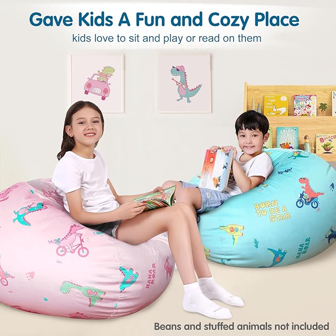 Lukeight Stuffed Animal Storage Bean Bag Chair Cover for Kids, Dinosaur Zipper Beanbag Chair Cover for Organizing Toddler and Kids' Rooms Plush Toys (Dino Pink, X-Large)