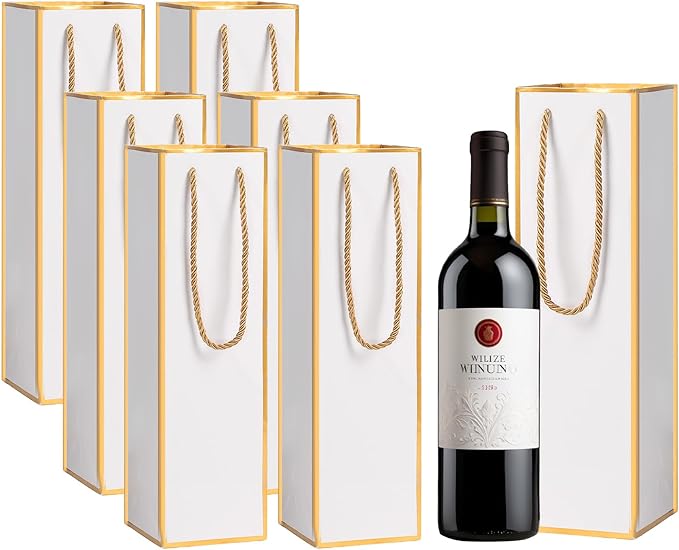 ISKYBOB 10 Packs Wine Gift Bag with Handle, Single Bottle Bags for Wine Kraft Paper Wine Bottle Gifts Box Reusable Gold Foil Gift Wine Bag for Housewarming, Business Dinner, Birthday Party (White)