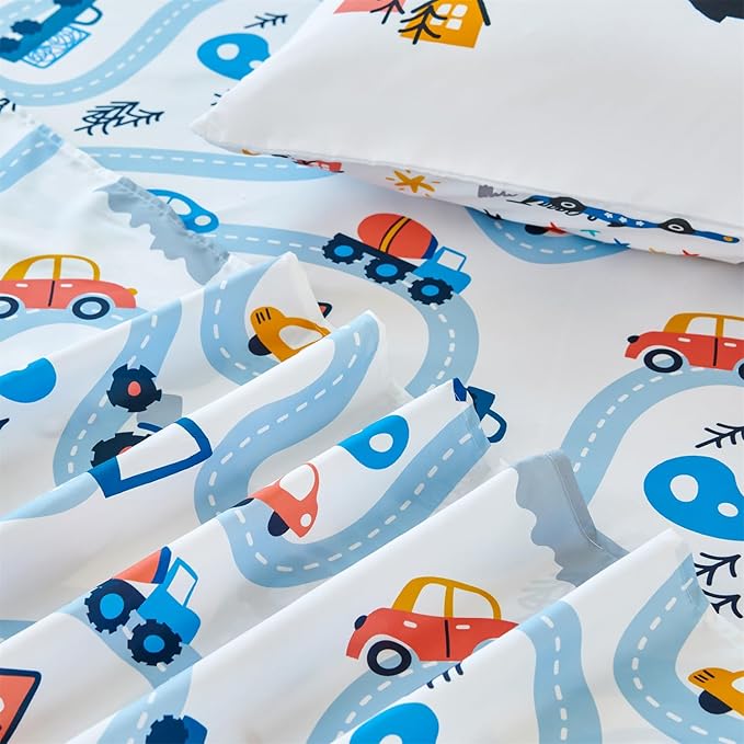 RYNGHIPY Kids Full Bed Sheets: Cars Print Sheets Set for Boys - Breathable Wrinkle Free Microfiber Flat Sheet Fitted Sheet and Pillowcases (White,Full)