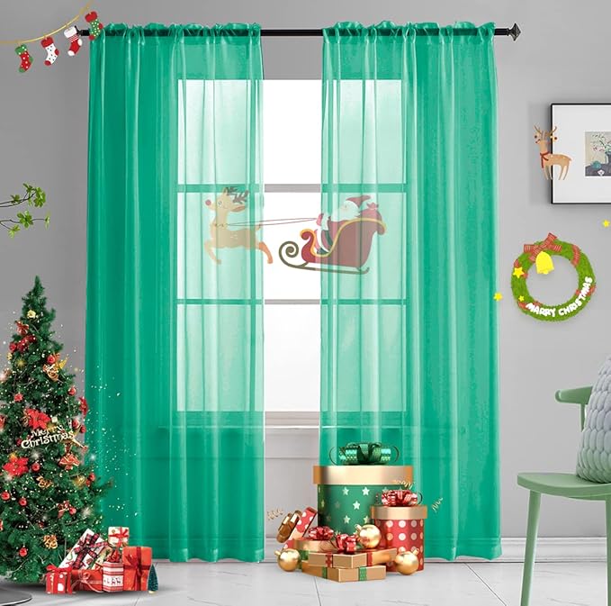 Green Sheer Curtains 84 Inch Length for Bedroom, Soft Textured Rod Pocket Sheer Voile Curtain Panels, Light Filtering Green Sheer Drapes for Living Room 52 x 84 Inches Long 2 Panels