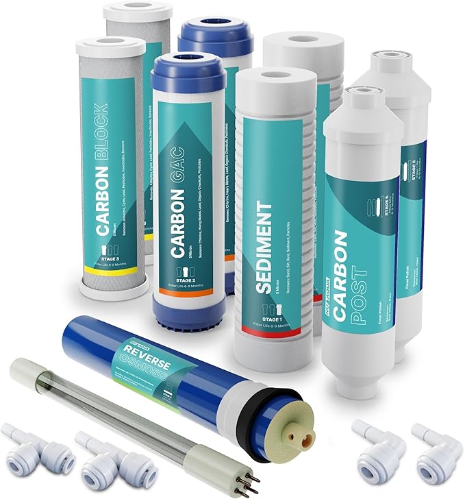 NU Aqua Reverse Osmosis Water Filter System Replacement Set - 6 Stage 1 Year UV Under Sink Kit - Membrane, Sediment, Carbon Filters, Parts & Fittings - Universal Undersink RO Filtration Cartridge Pack