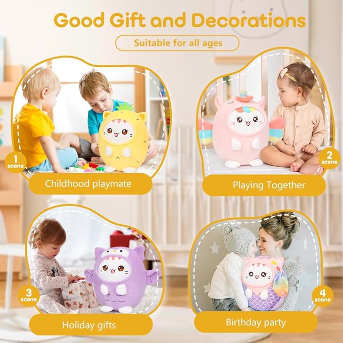 Cute Plush Pineapple Cat Stuffed Animal Pillow, 8" Soft Kawaii Kitten Plushie with Pineapple Outfit Gift for Kids