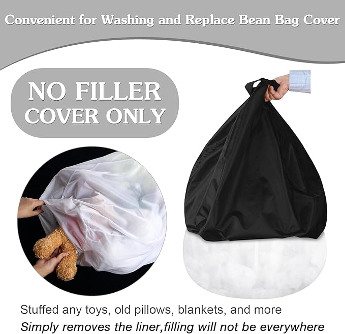 Meonum Bean Bag Chair Cover(No Filler) for Kids Stuffed Storage Bean Bag Chair Cover with Inner Liners for Easy Cleaning Bean Bag for Organizing Children (Black,27.6 x 31.5 Inch)