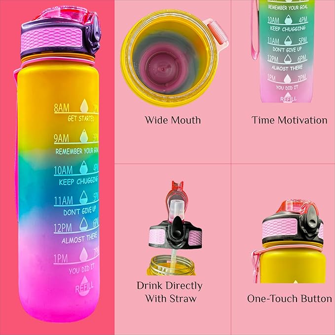 Yaa Fresh Water Bottles, 32oz Motivational Sports Water Bottle with Time Marker-Times to Drink-Tritan, BPA Free, Leakproof water bottle (1 Pack) (Pink-Green-Yellow)