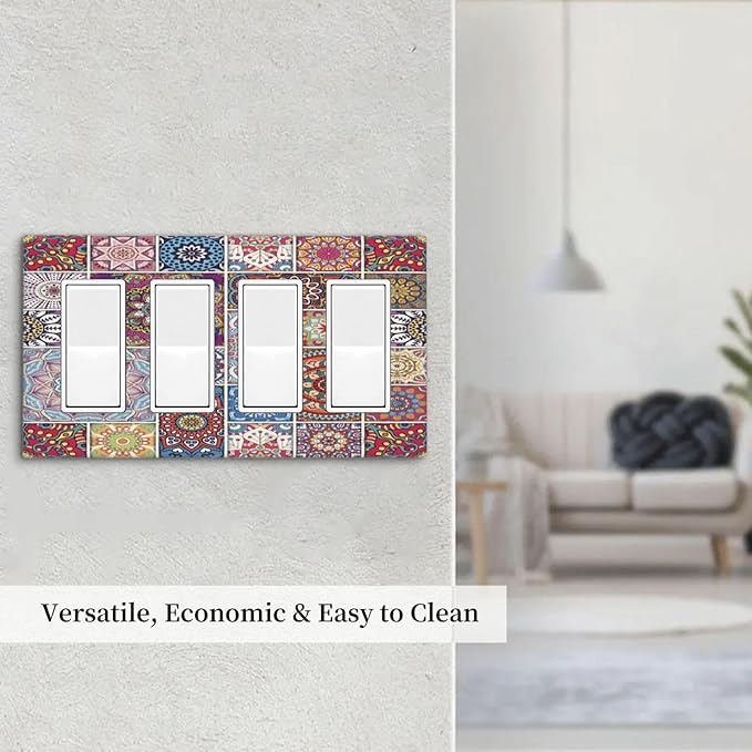 Morocco Talavera Mexican Tiles Printed Colroful Mandala 4 Gang Rocker Decora Light Switch Cover Outlet Covers Wall Plate Decorative Switchplate Electrical Faceplate GFCI for Kitchen Bathroom Decor