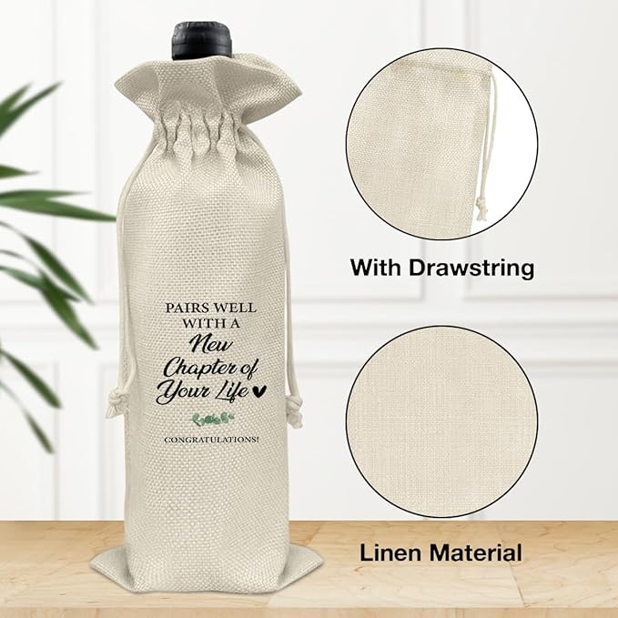 HOIJAUMAI New Chapter Wine Bag, New Job Gift for Women Men, Going Away Gifts for Coworker Colleague Friends, Pairs Well with a New Chapter of Your Life Burlap Drawstring Wine Bag