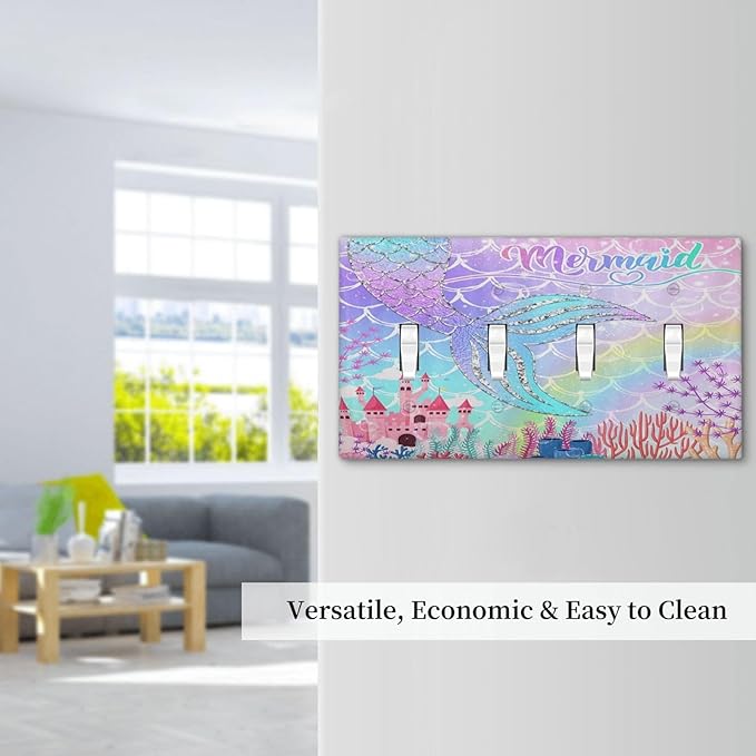 Silvery Glitter Cute Mermaid Tail Fantasy Castle Quad Toggle Light Switch Covers 4 Gang Wall Plate Decorative Switchplate Electrical Faceplate for Kidroom Nursery Bedroom Kitchen Decor