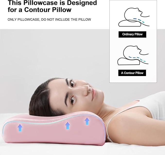 HOMBYS Satin Pillow Case for Contoured Support Pillow (DO NOT Include Pillow) -Zippered Pillow Cover for Neck Pillow for Cervical 1 Pack-Silky, Smooth and Breathable, Standard