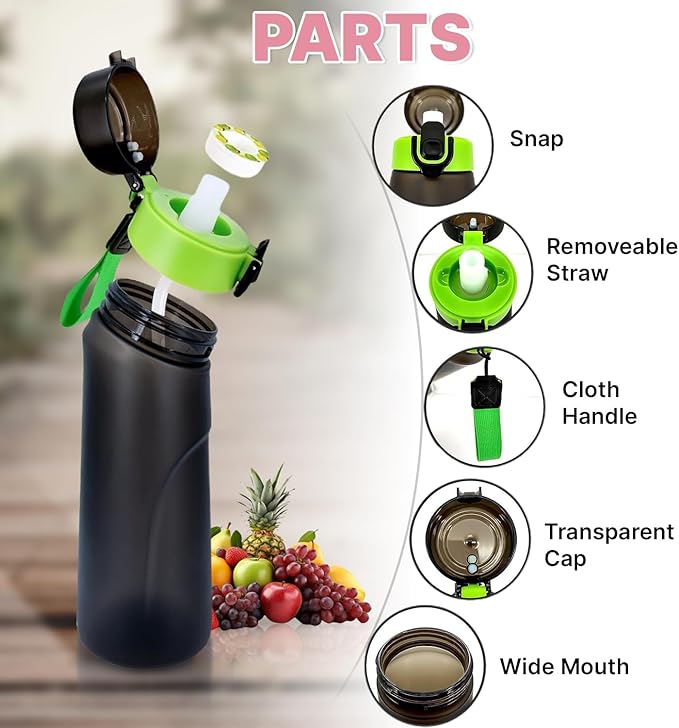 Water Bottle,650 ml scent water bottle with 5 flavor pods,Leak proof and BPA-free sports water bottle with straw,suitable for outdoor sports,0 sugar,0 calorie,Ideal gift (black)