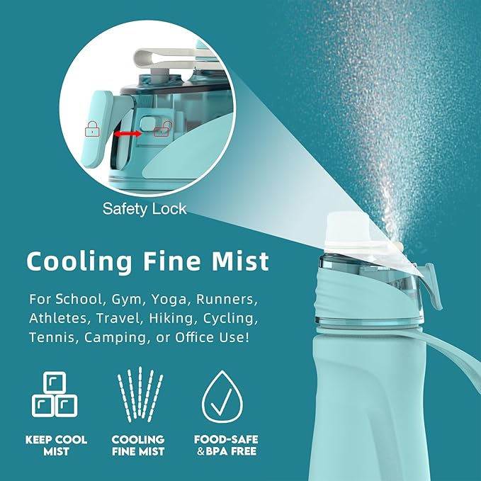 Misting Water Bottle, 24oz Insulated Water Bottle, 2-in-1 Mist & Sip Stainless Steel Water Bottles, Thermo for Hot Drinks/Cold Drinks, Sports Water Bottle for Hiking, Running, Gym, Teal Blue